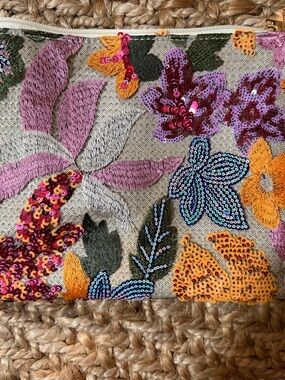 Embroidered Floral Sequin Clutch - Pink, Purple & Orange